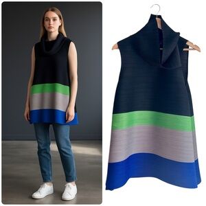 Ronen Chen Limited Pleated Colorblock Tunic Cowlneck Top One Size Minimalist